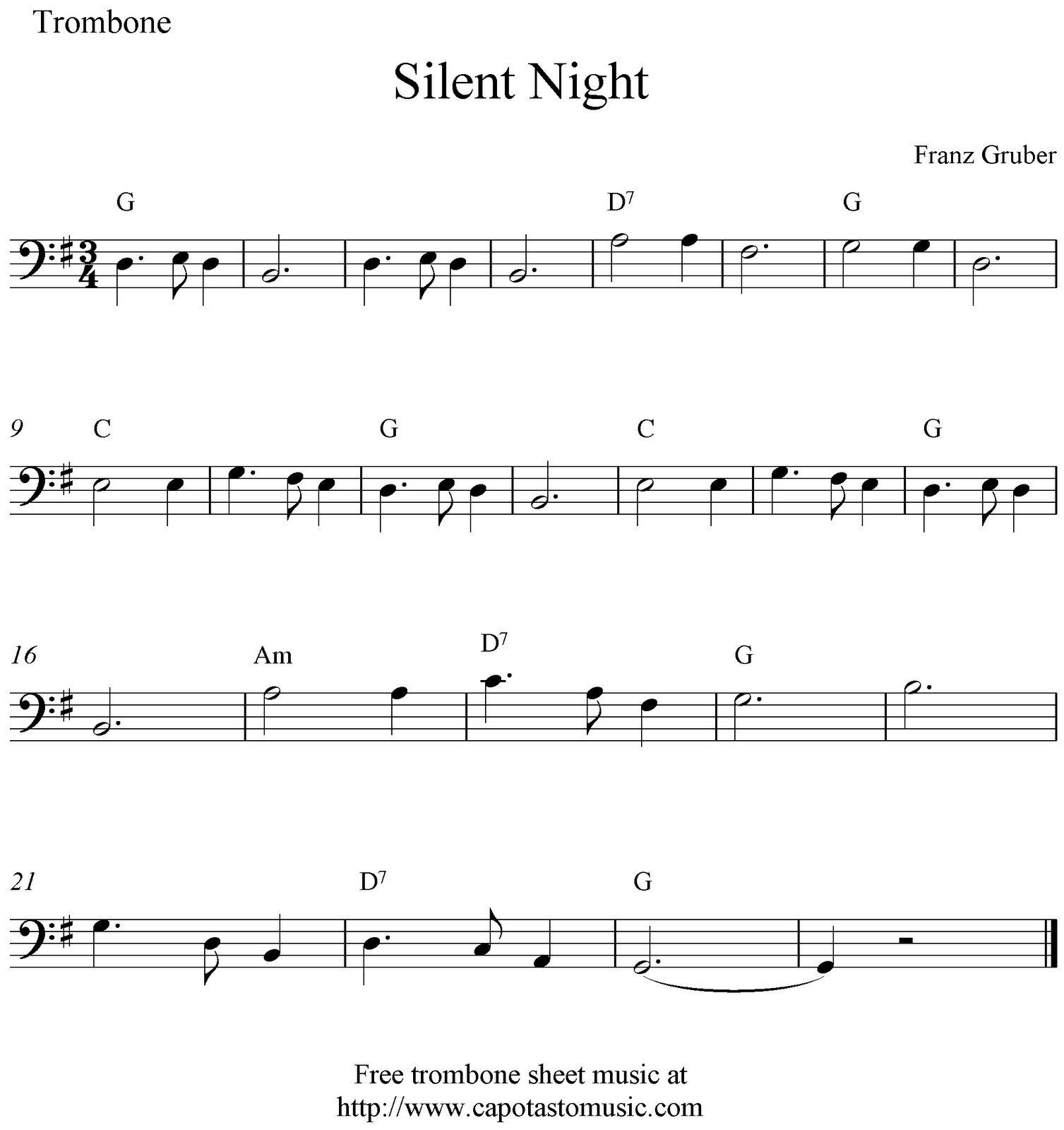 Silent Night, Free Christmas Trombone Sheet Music Notes - Trombone Christmas Sheet Music Free Printable
