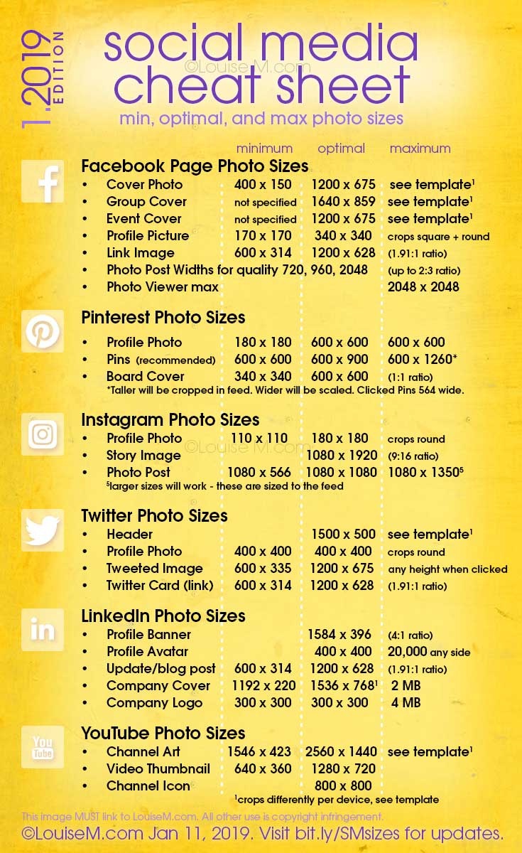 Social Media Cheat Sheet 2019: Must-Have Image Sizes! - Free Printable Facebook Template
