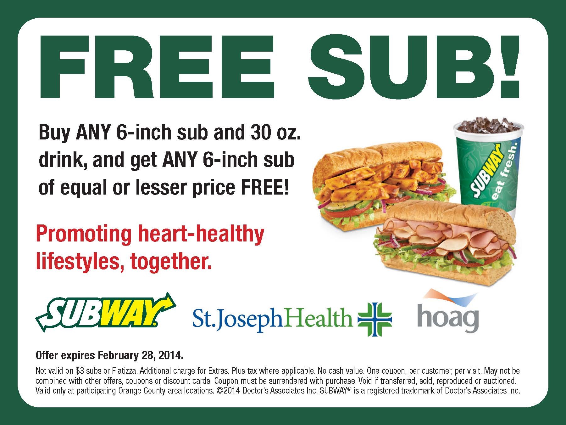 St. Joseph Hoag Subway Coupon – Printable Coupons Online - Free Printable Subway Coupons 2017