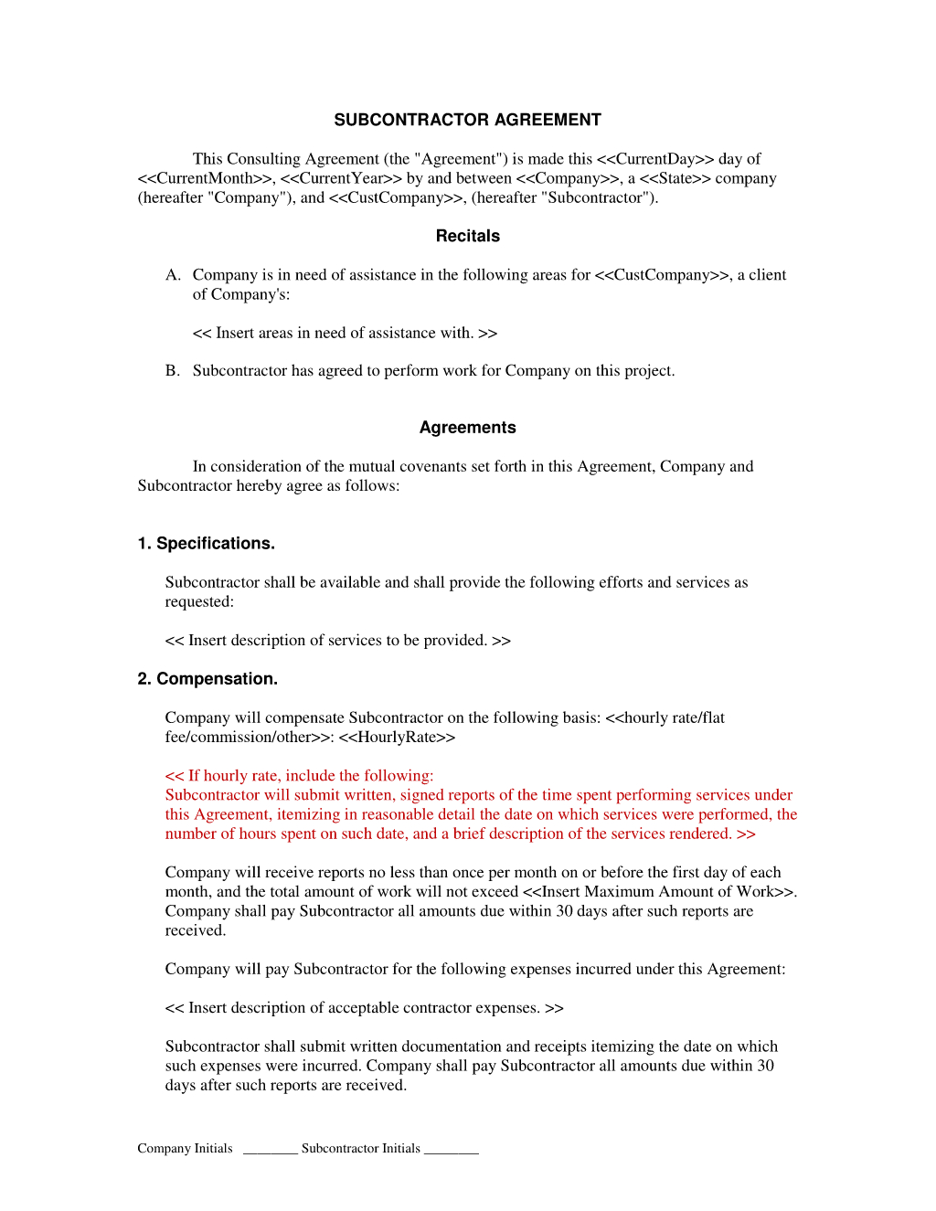 Subcontractor Short Form Contract : Contractor And Employee - Free Printable Subcontractor Agreement