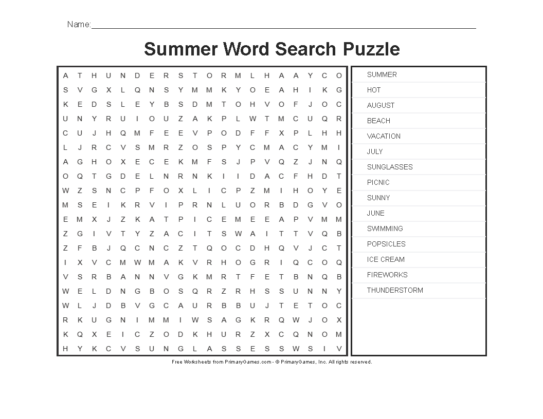 Summer Worksheets: Summer Word Search Puzzle - Primarygames - Play - Free Printable Summer Puzzles
