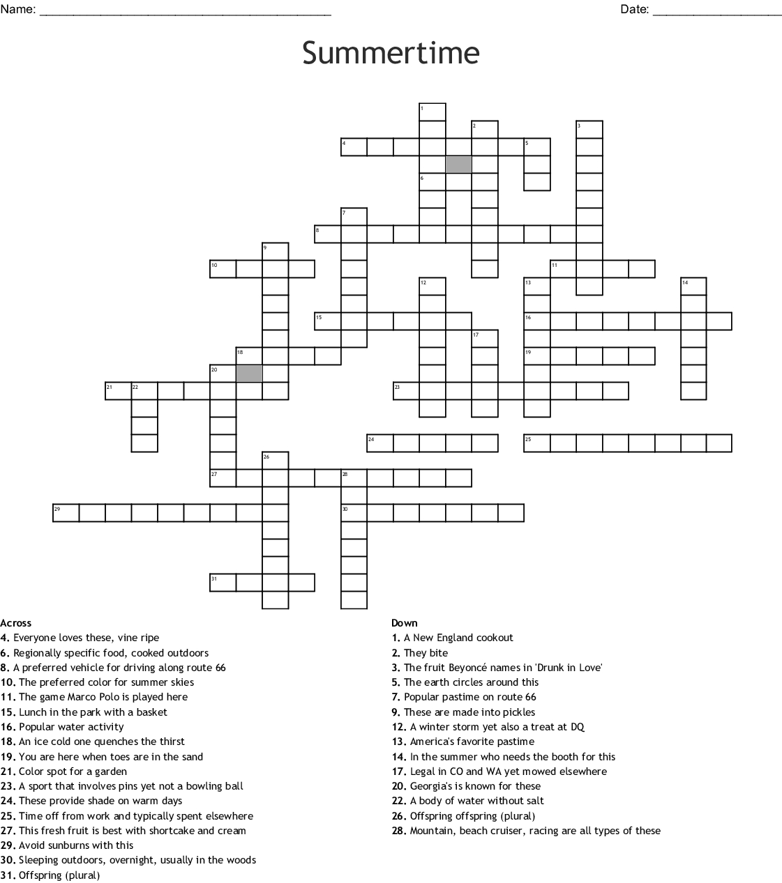 Summertime Crossword - Wordmint - Summer Crossword Puzzle Free Printable