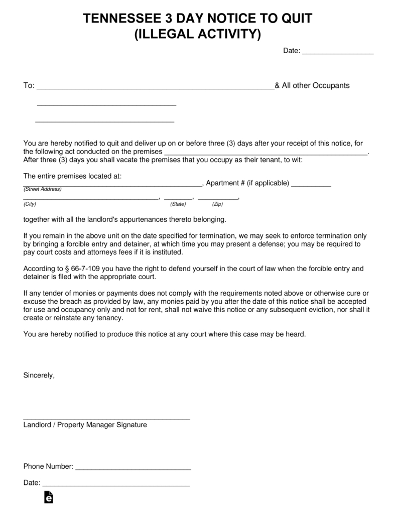 Tennessee 3-Day Notice To Quit Form | Illegal Behavior | Eforms - Free Printable 3 Day Eviction Notice