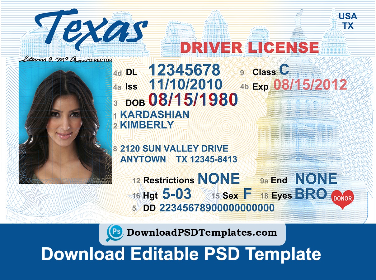 texas driver license psd template download editable file free printable fak...