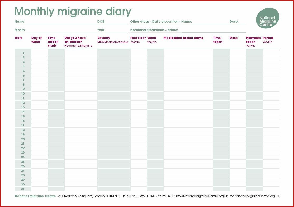 Free Printable Printable Migraine Diary Worksheets