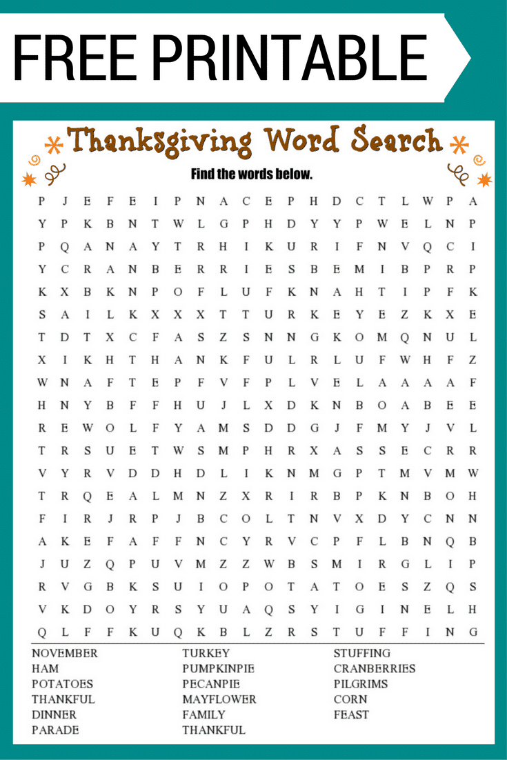 Thanksgiving Word Search Free Printable Worksheet - Free Printable Word Search Puzzles