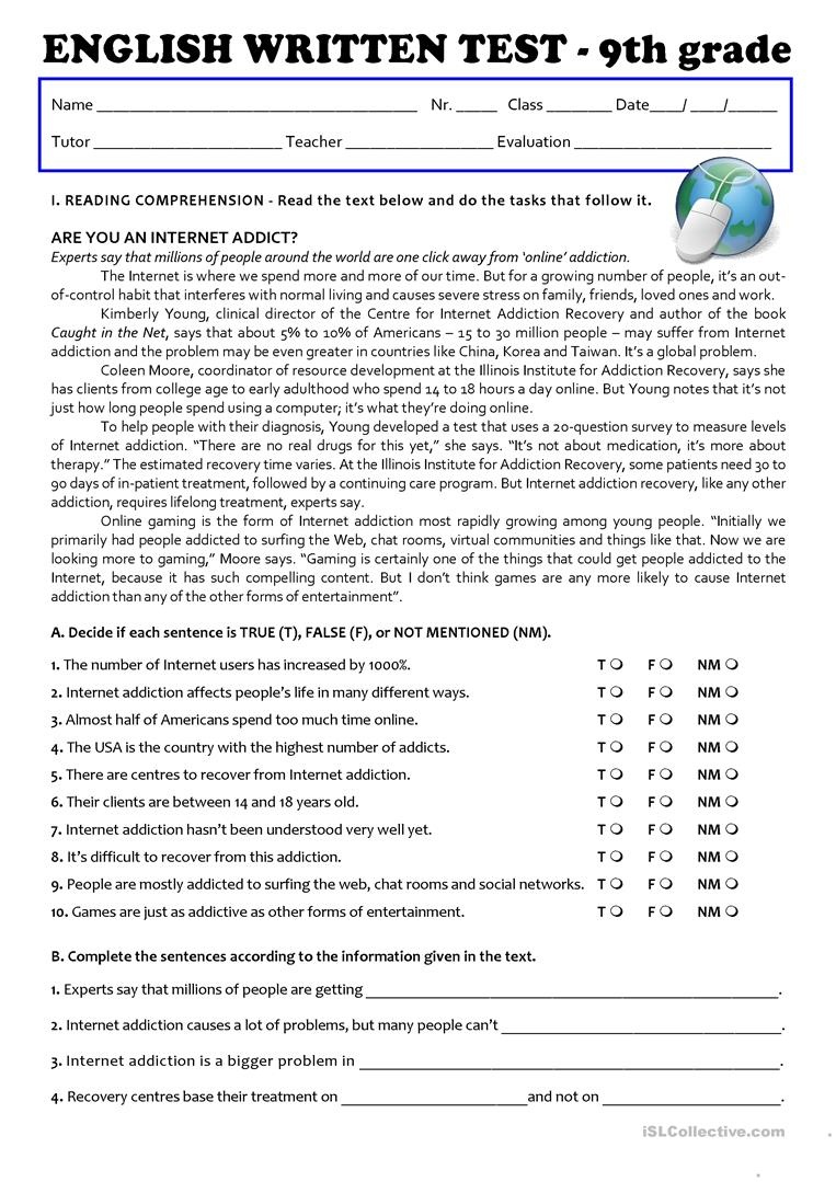 English Worksheets 9th Grade Printables