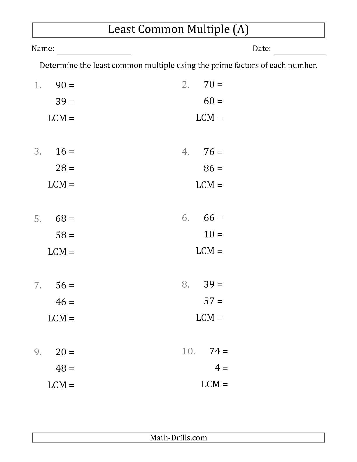 The Least Common Multiples Of Numbers To 100 From Prime Factors With - Free Printable Lcm Worksheets