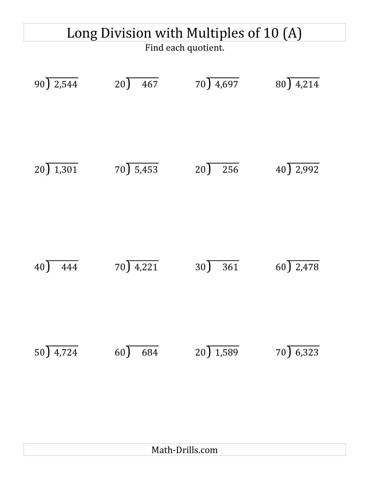 The Long Divisionmultiples Of 10 With Remainders (A) Math - Free Printable Long Division Worksheets 5Th Grade