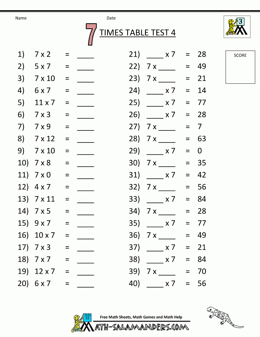 Times Tables Tests - 6 7 8 9 11 12 Times Tables - 7Th Grade Math Worksheets Free Printable With Answers