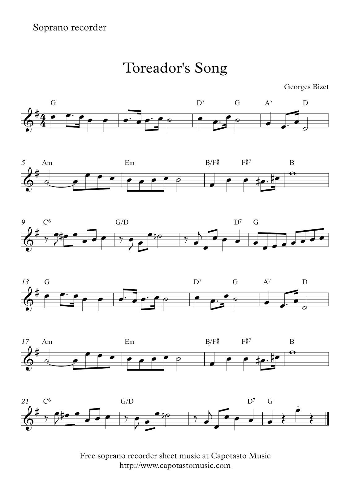 Toreador&amp;#039;s Song | Free Easy Soprano Recorder Sheet Music | Music - Free Printable Recorder Sheet Music For Beginners