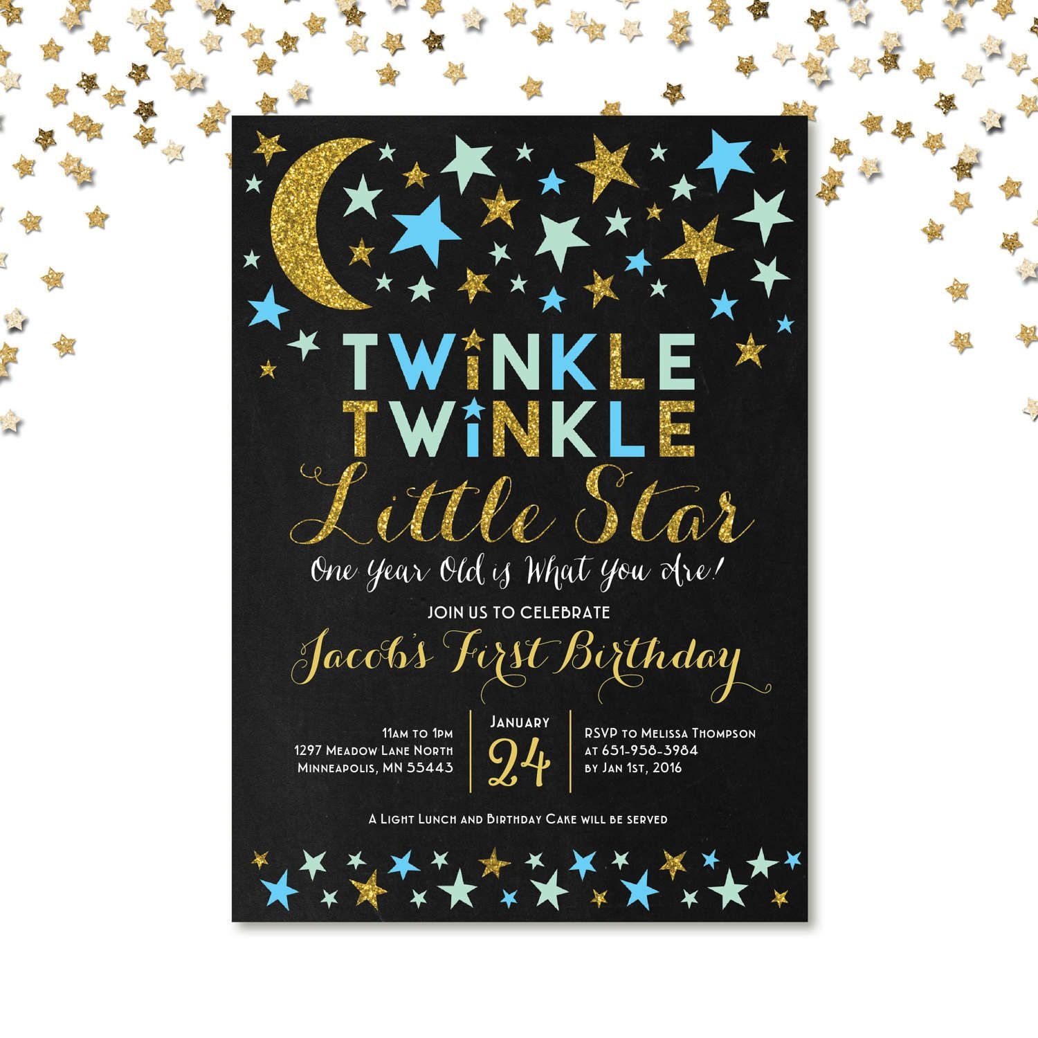 Twinkle Twinkle Little Star First Birthday Invitation, Blue And Gold - Free Printable Twinkle Twinkle Little Star Baby Shower Invitations