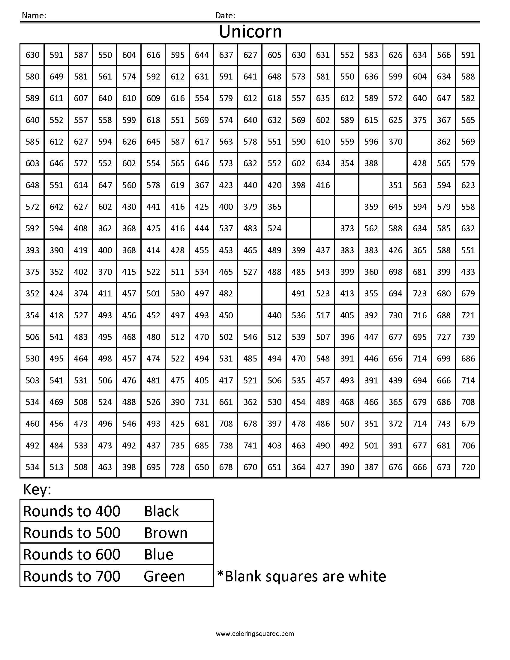 Unicorn- Rounding Hundreds Place - Coloring Squared - Free Printable Math Mystery Picture Worksheets