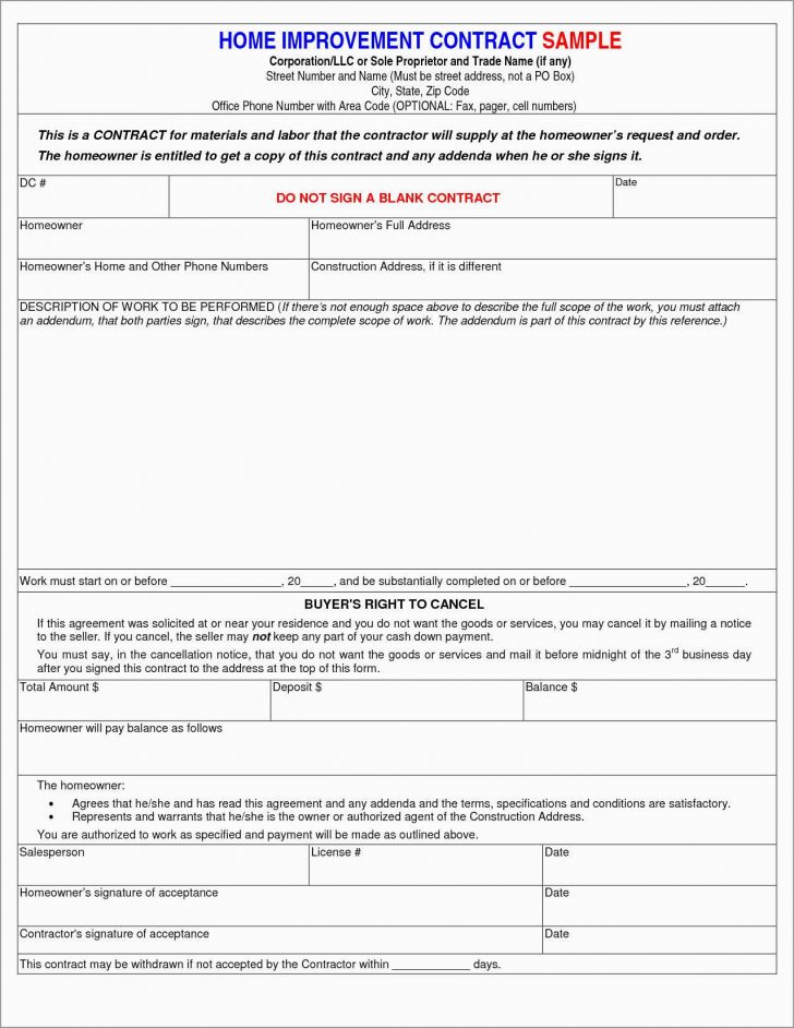 Free Printable Home Improvement Contracts
