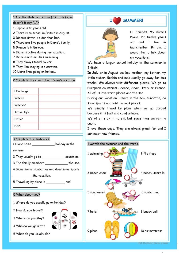 Vacation (I Love Summer!) Worksheet - Free Esl Printable Worksheets - Free Printable Esl Resources