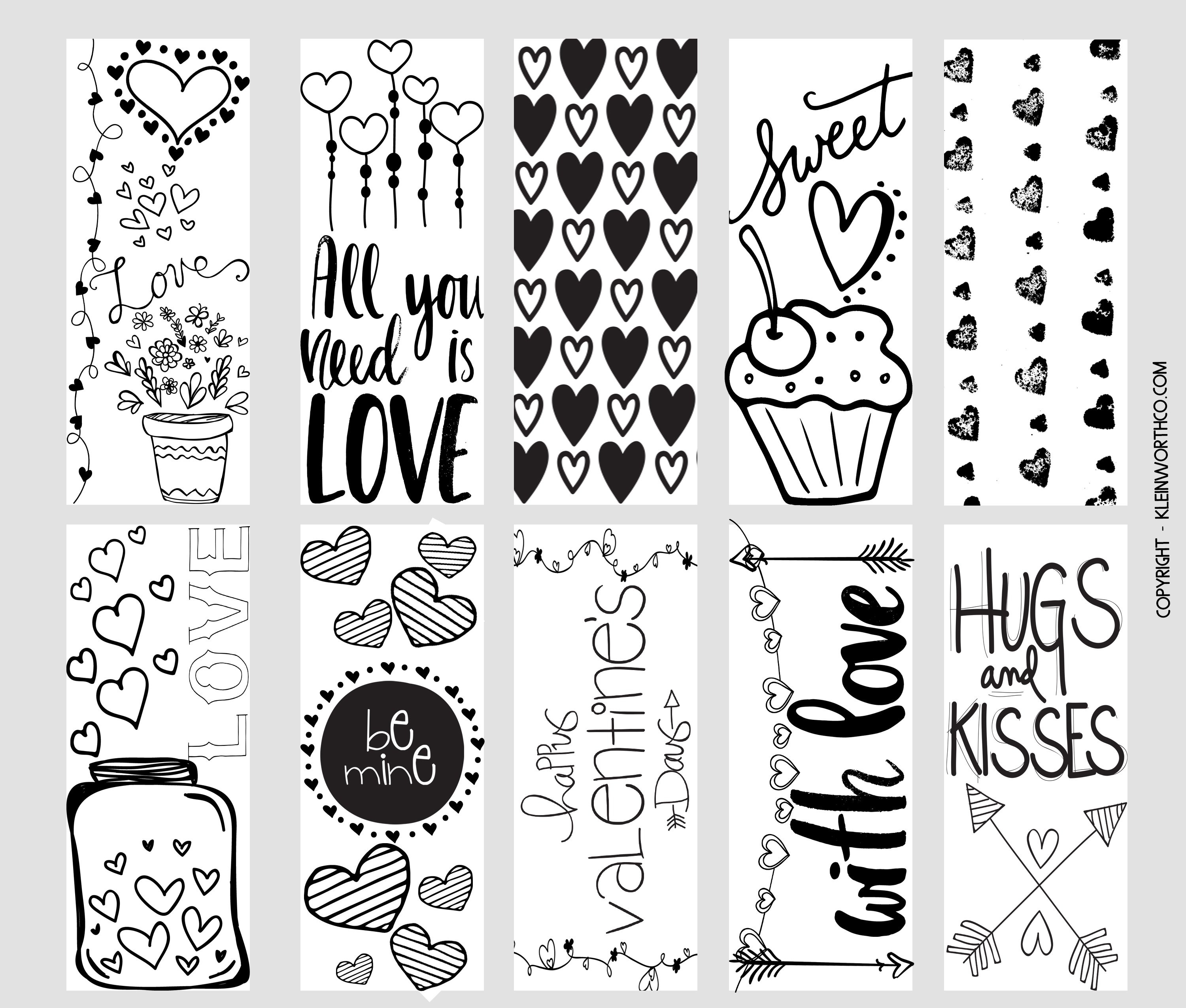 Valentine Printable Coloring Page Bookmarks - Kleinworth &amp;amp; Co - Free Printable Valentine Bookmarks