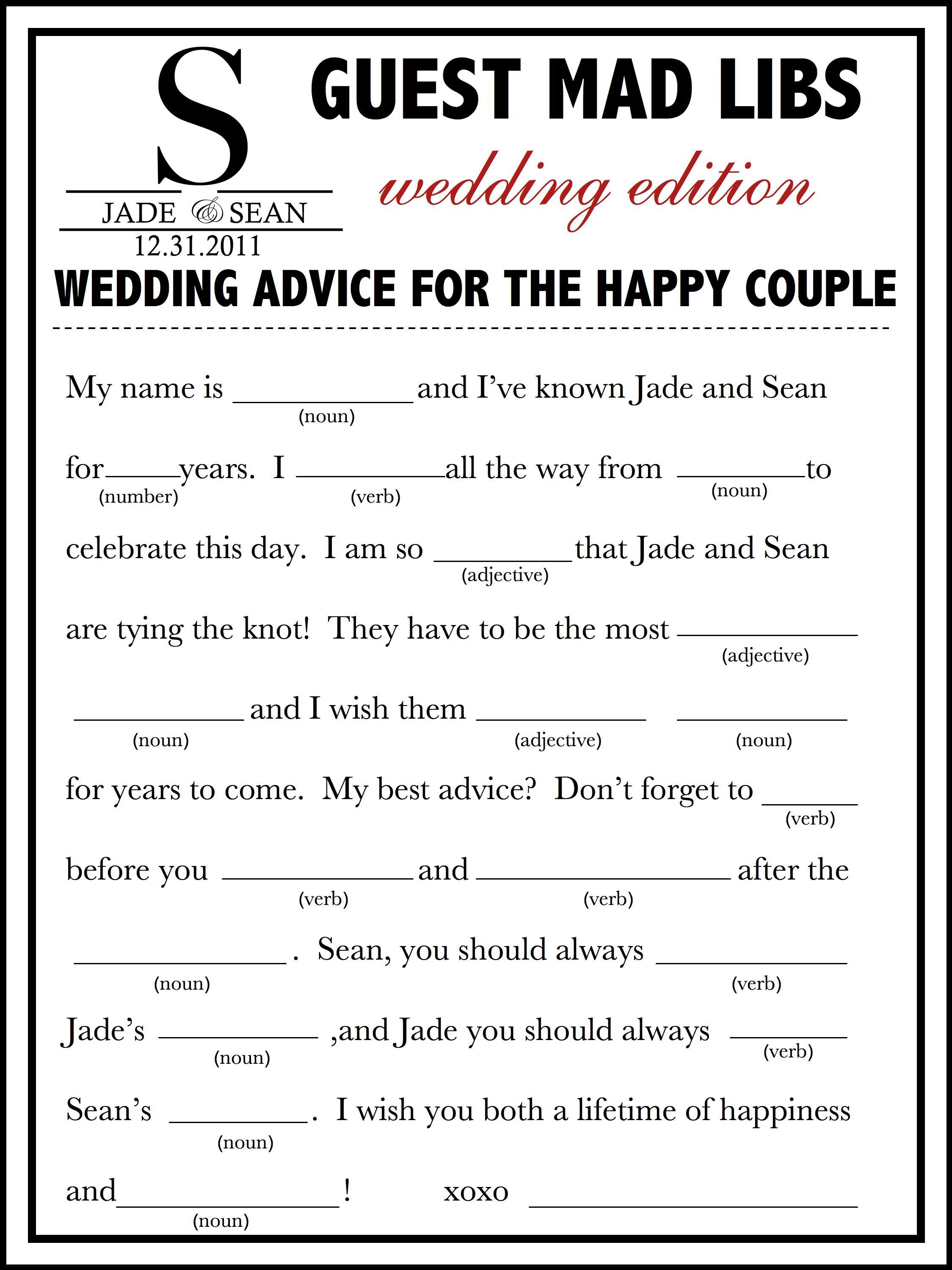 Free Printable Wedding Mad Libs