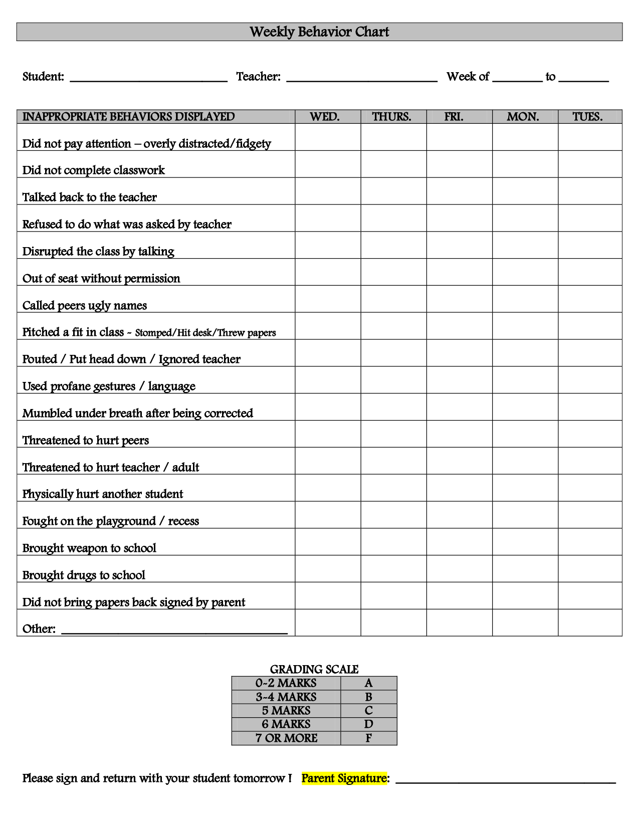 Weekly+Behavior+Chart+Template | Learning Line | Weekly Behavior - Free Printable Behavior Charts For Elementary Students