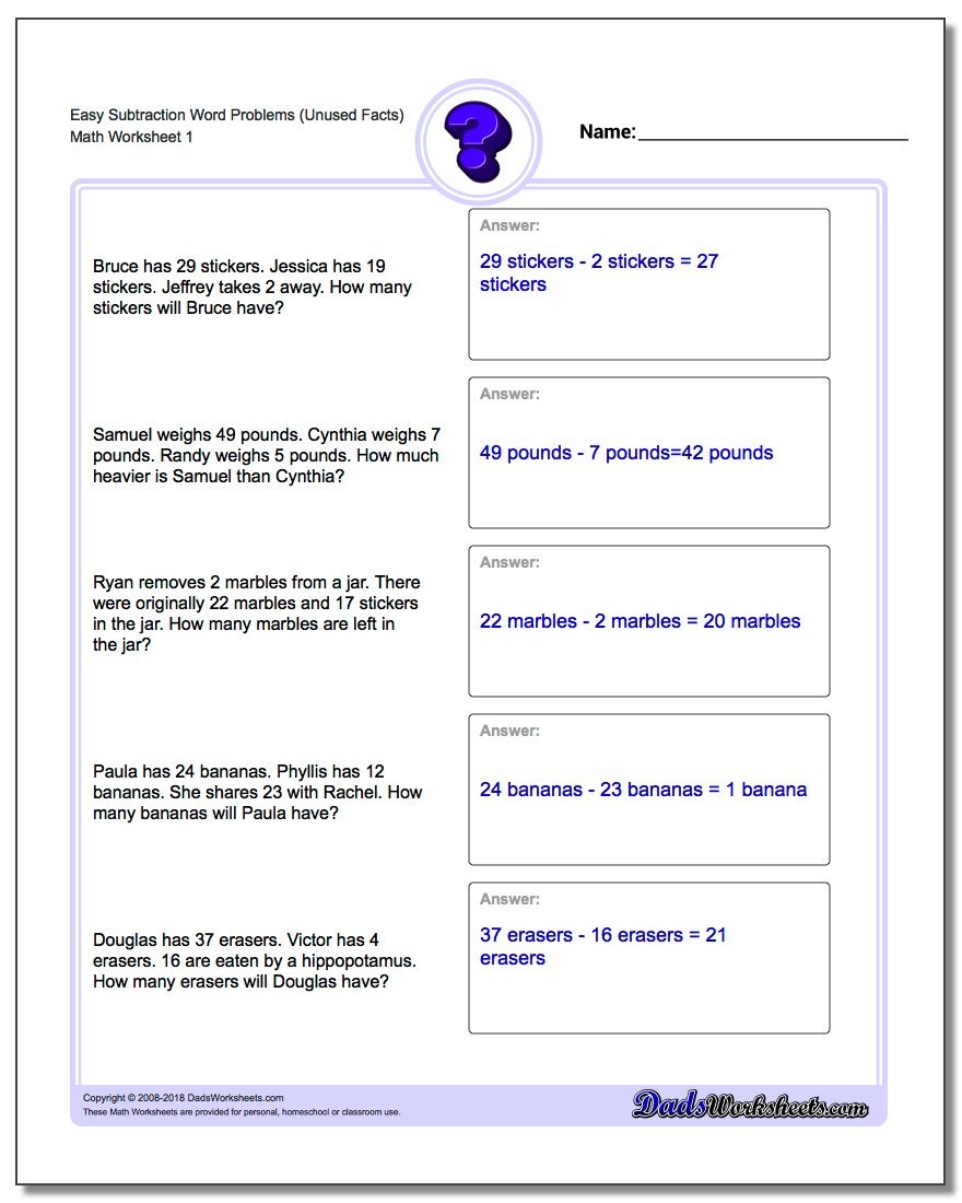 Word Problems - Free Printable Math Word Problems