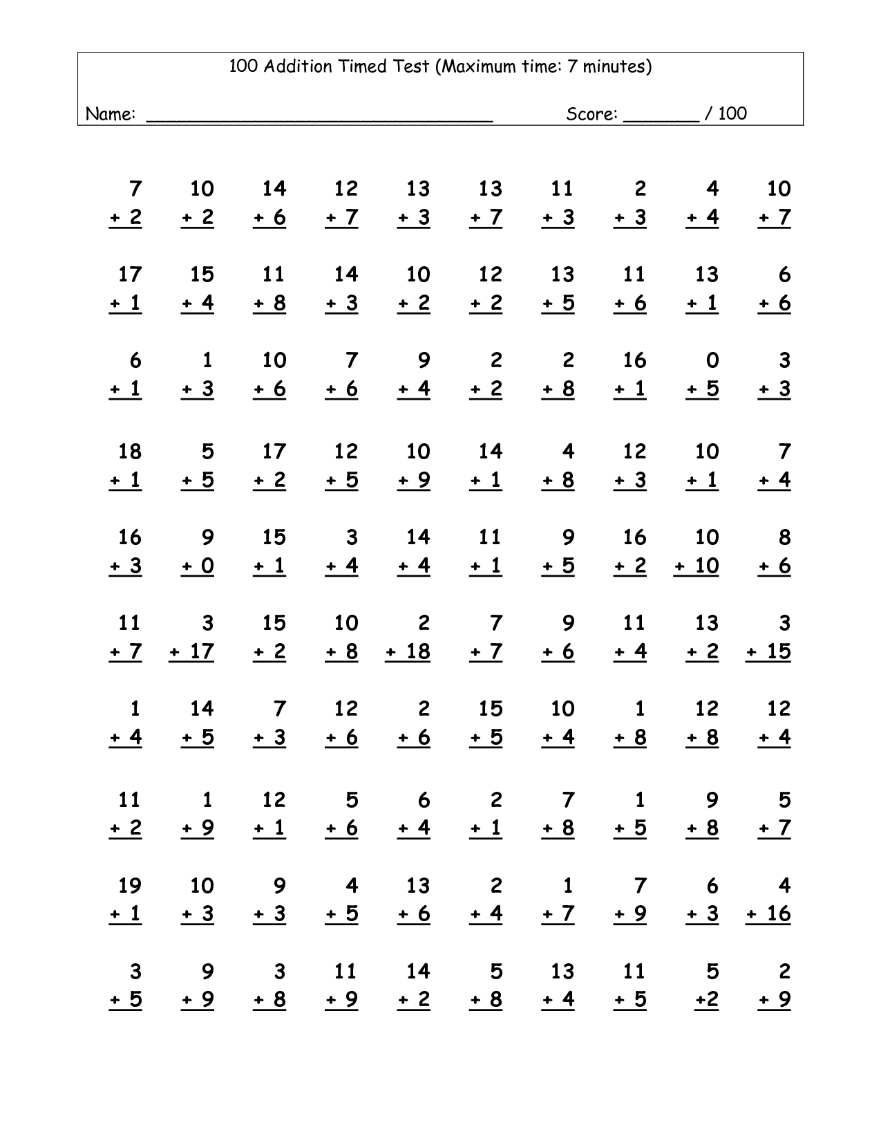 100 Vertical Questions Multiplication Facts 1 91 10 A Free Printable Multiplication 