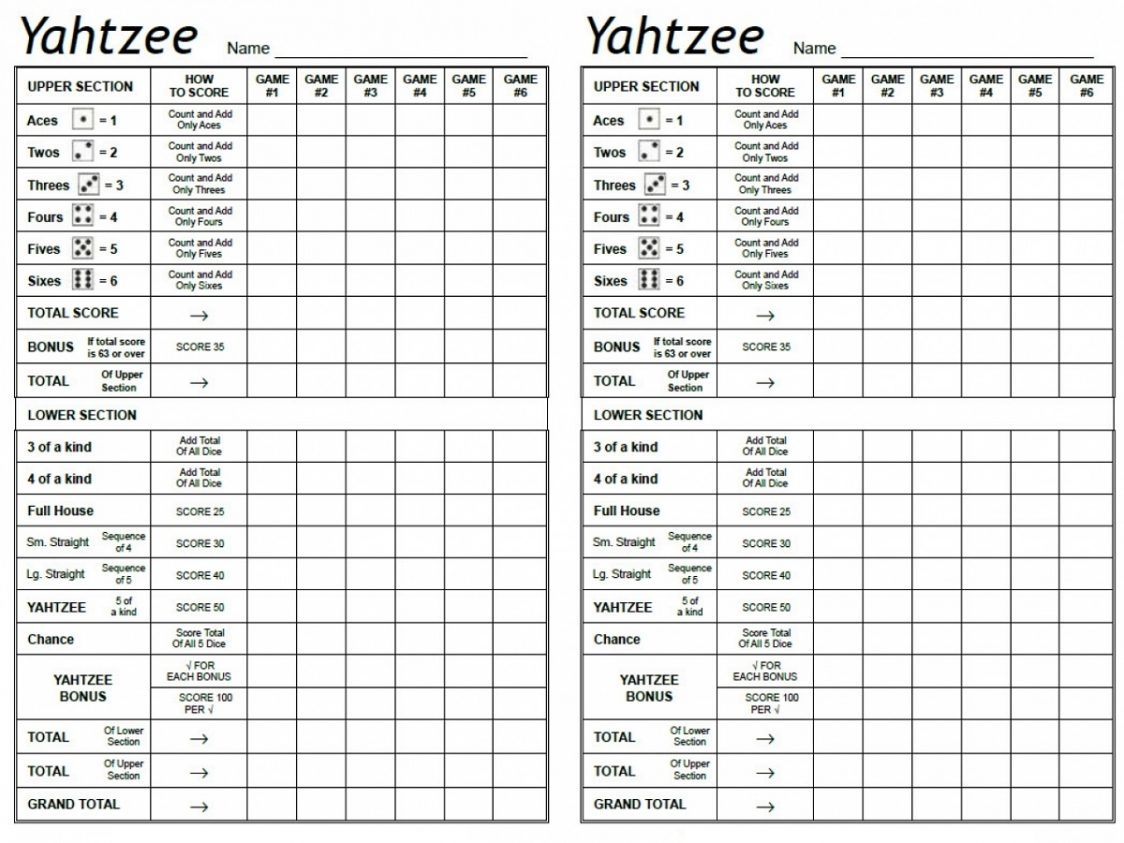 Yahtzee Score Card - Free Printable Yahtzee Score Sheets