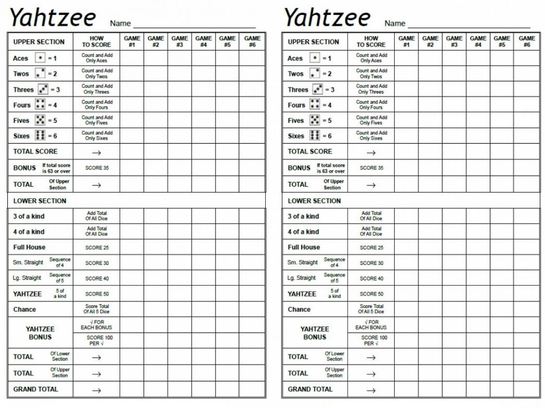 Printable Yahtzee Score Cards