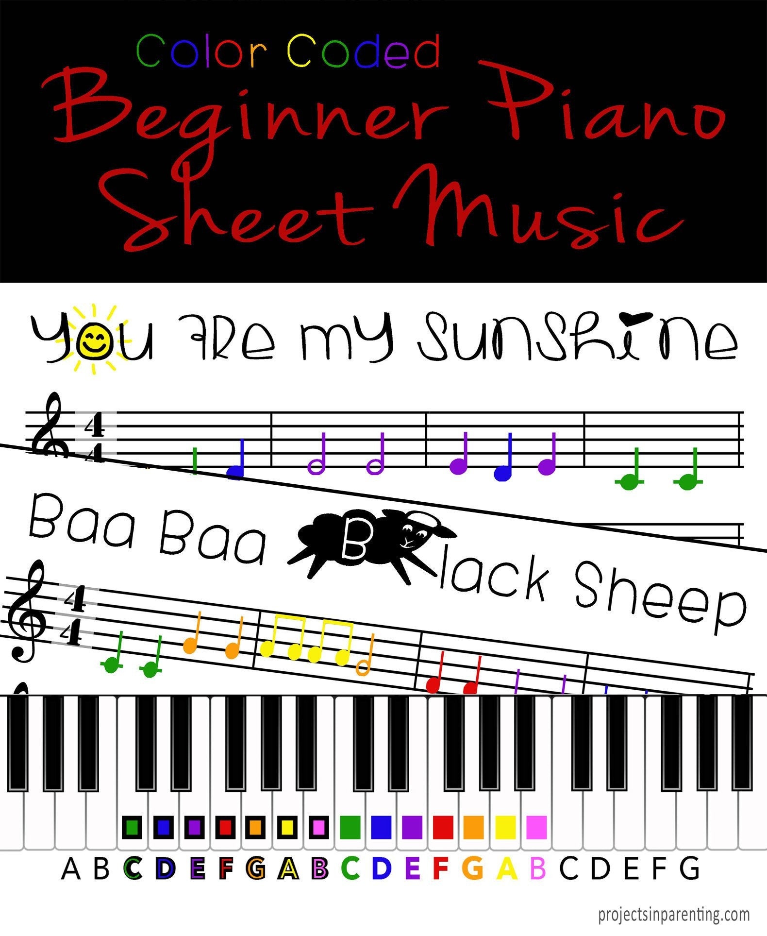 You Are My Sunshine And Baa Baa Black Sheep Color Coded | Etsy - Free Printable Piano Sheet Music For You Are My Sunshine